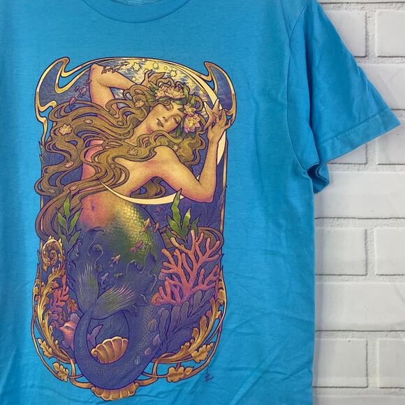 Tee Villain tshirt mermaid tarot card art nouveau blue ringspun cotton medium - Picture 1 of 5
